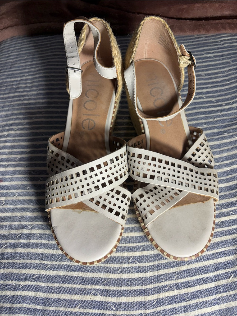 Nicole White Laser-Cut Crisscross Wedge Sandals